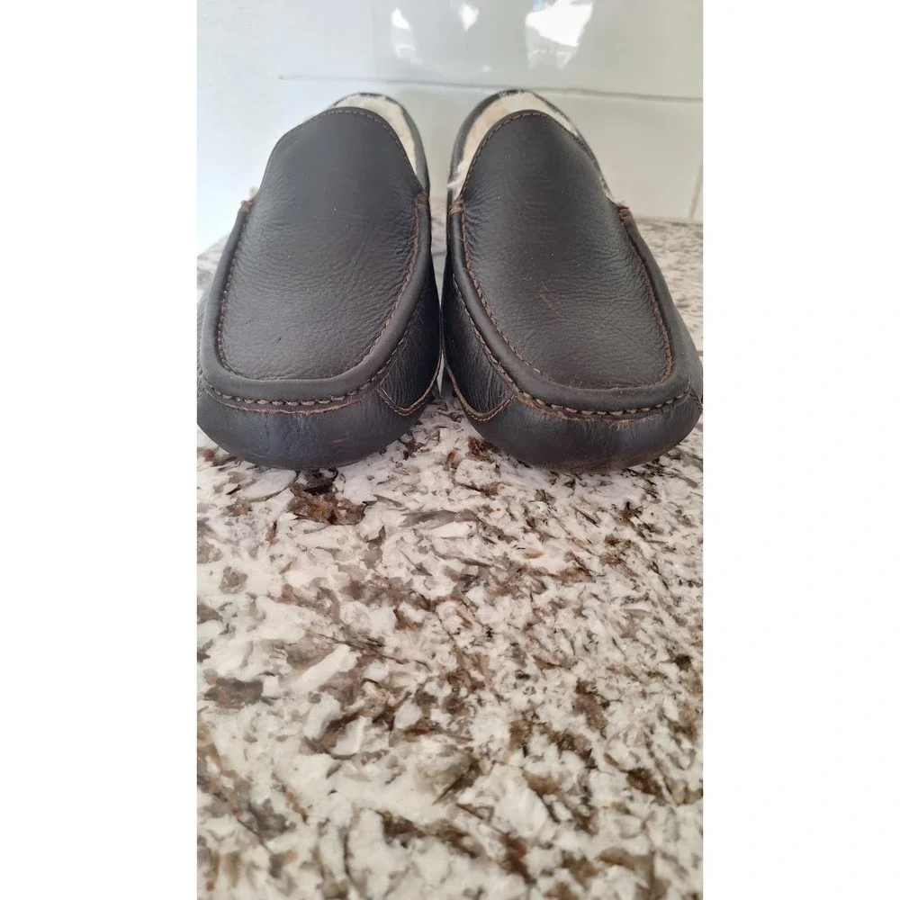 UGG Ascot Leather Casual Foam Footbed Wool Blend‎ Slippers 7EEE Brown Slip On